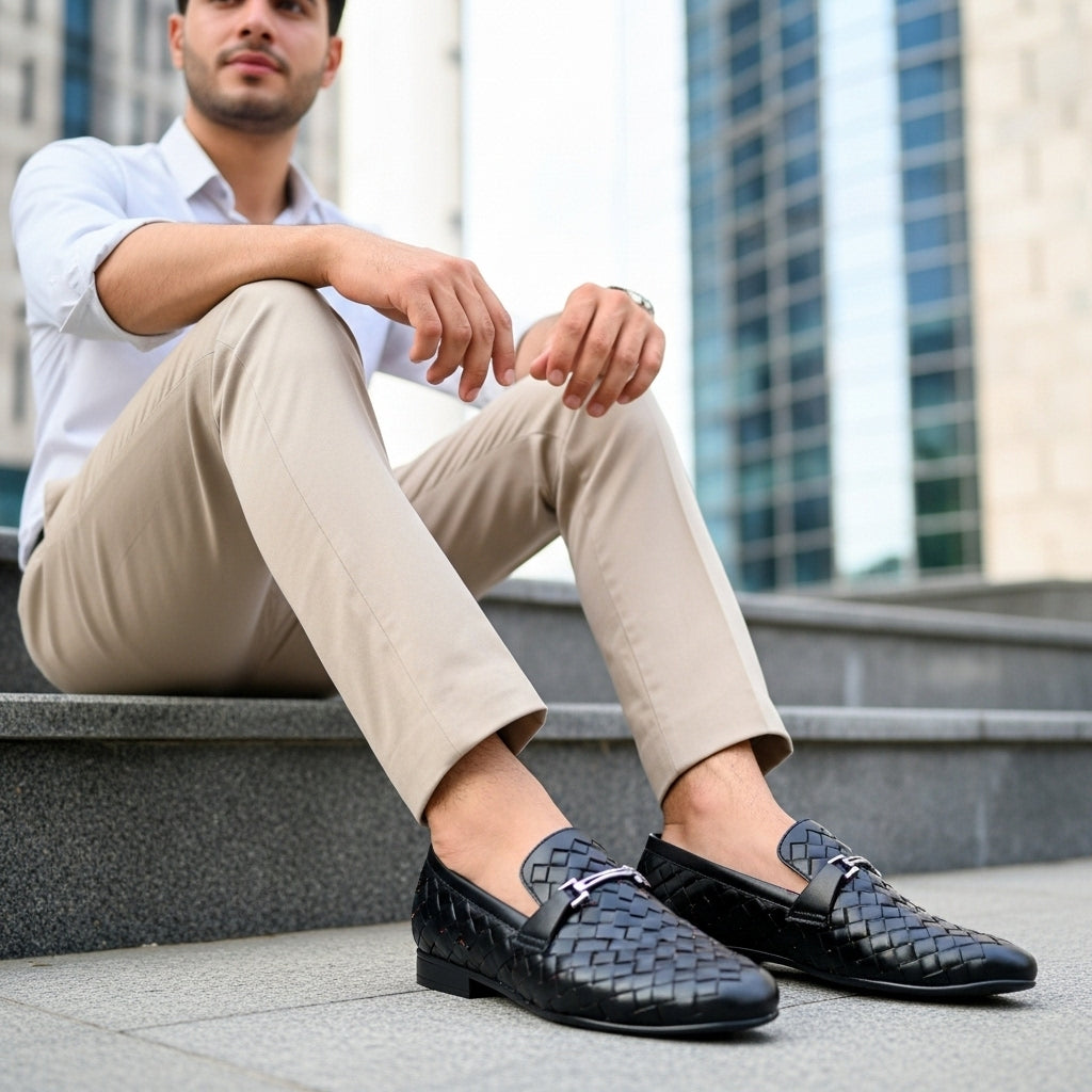 Woven Leather Loafer Black | Premium Quality | All Season Shoe