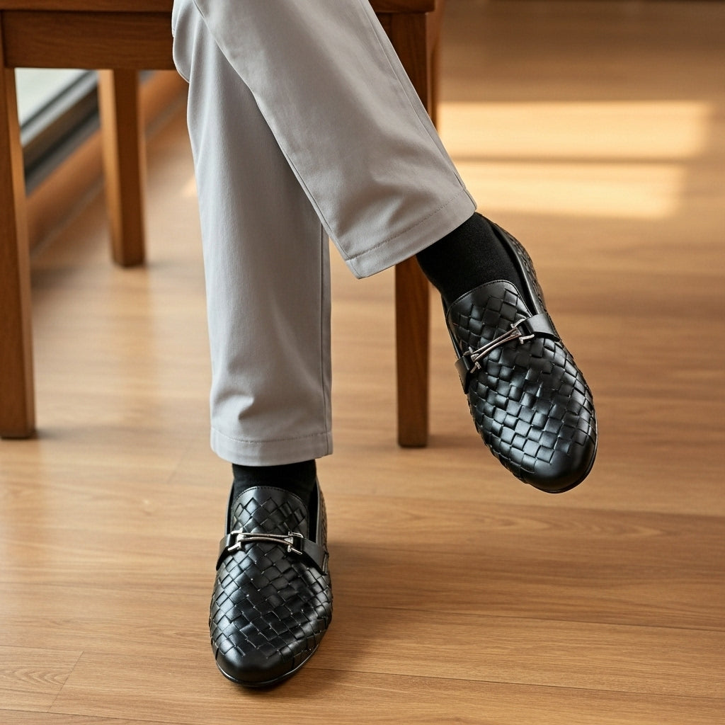 Woven Leather Loafer Black | Premium Quality | All Season Shoe