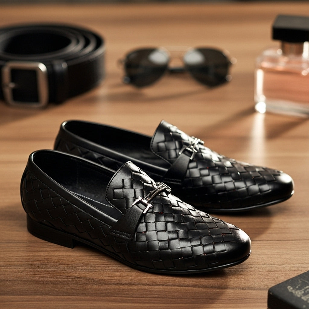 Woven Leather Loafer Black | Premium Quality | All Season Shoe