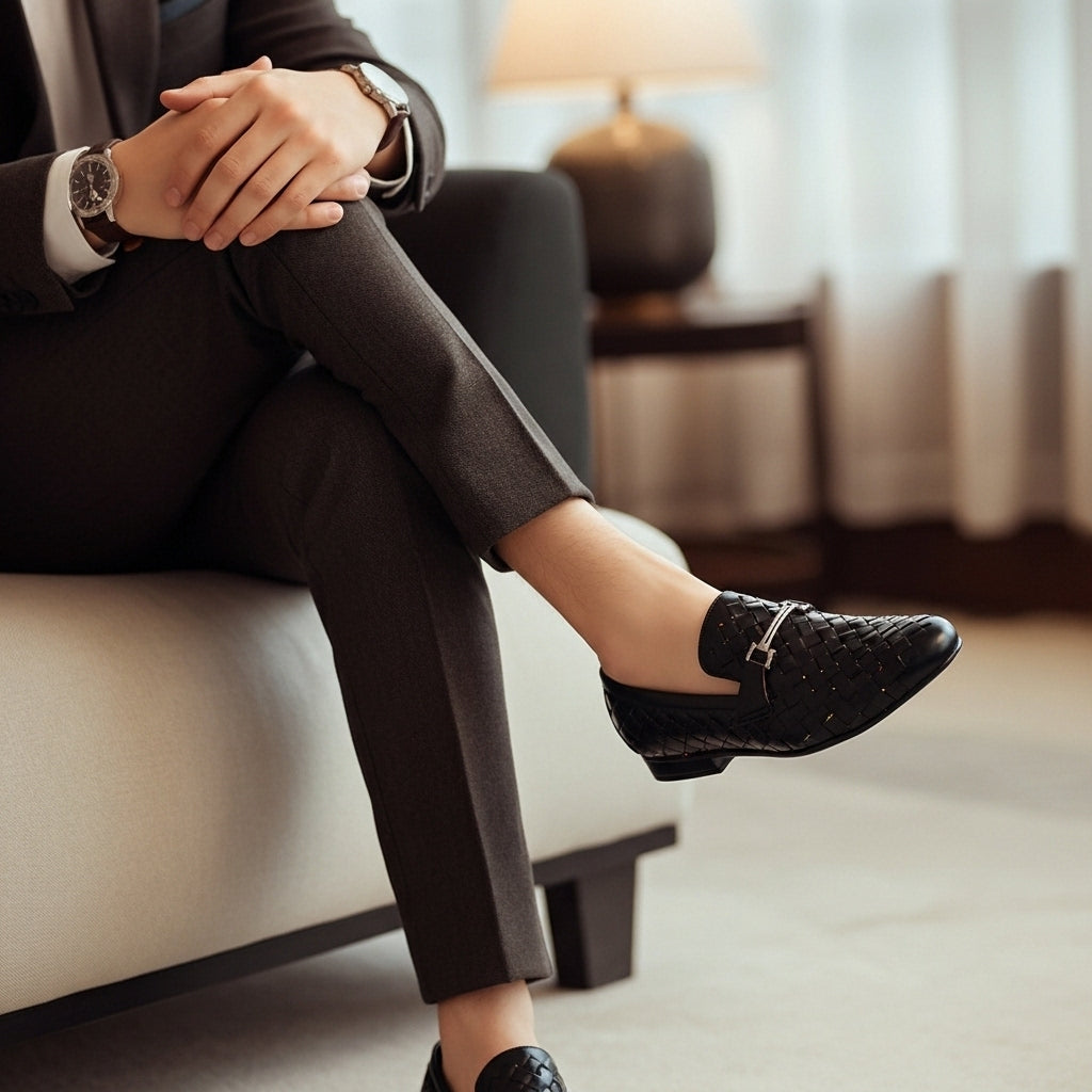Woven Leather Loafer Black | Premium Quality | All Season Shoe